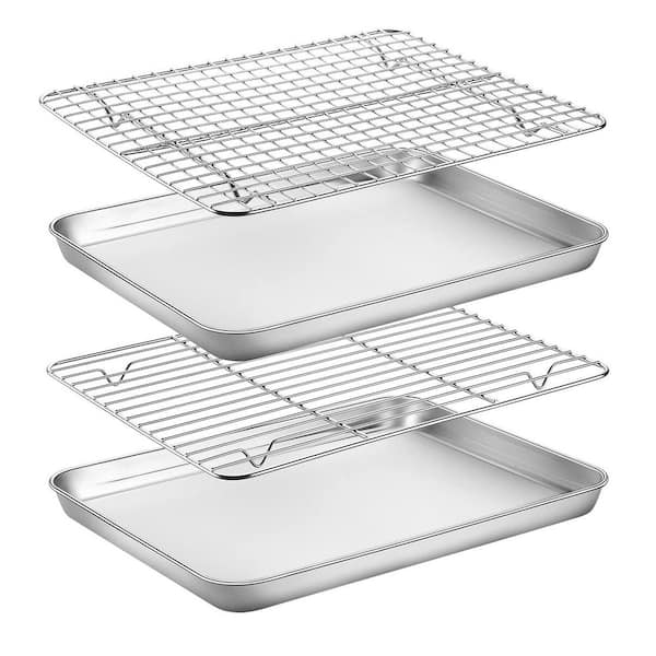 Stainless Steel Silver Baking Sheet and Cooling Rack Set Nonstick Heavy Duty Easy Clean for Oven Use 4 Piece