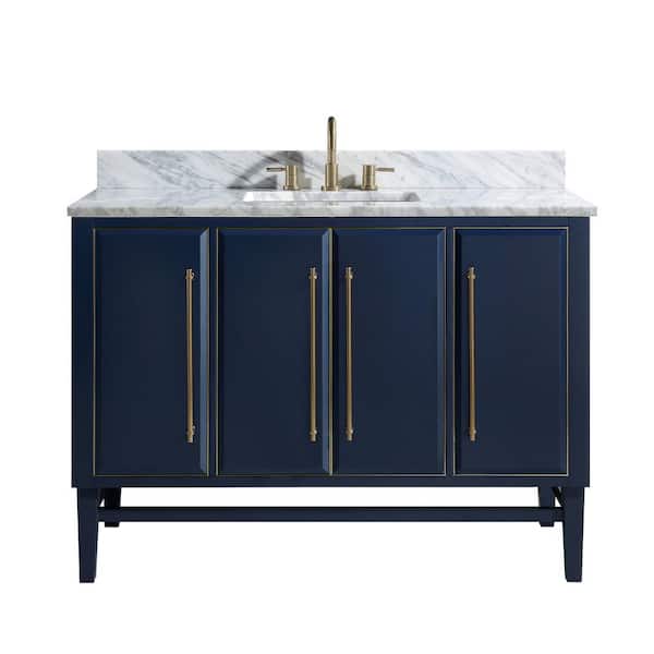 Avanity Mason 49 in. Single Sink Navy Blue with Gold Trim Bath Vanity with Carrara White Marble Top