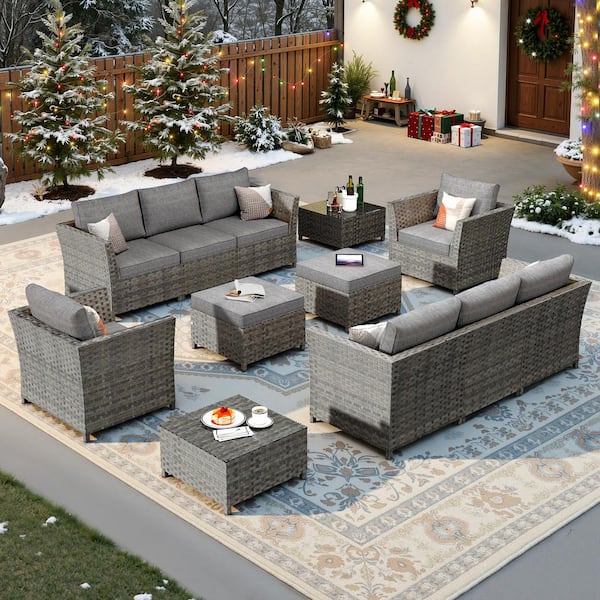 XIZZI Jasmine 12-Piece Wicker Outdoor Sectional Set with Dark Gray Cushions