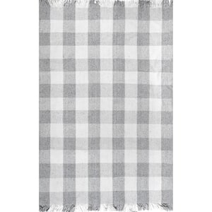 Ellis Hand Woven Farmhouse Plaid Fringe Gray 5 ft. x 8 ft. Area Rug