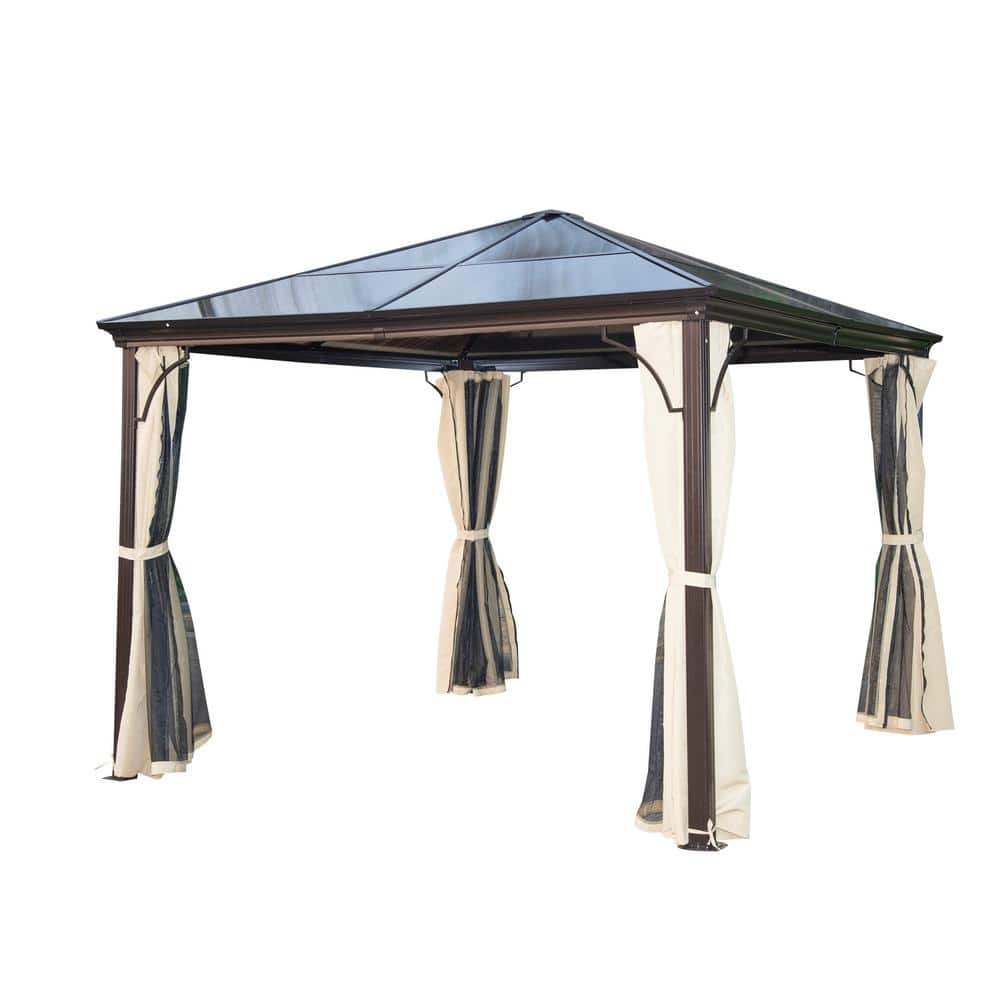 10' x 10' Brown Aluminum Hardtop Gazebo with Side Curtains