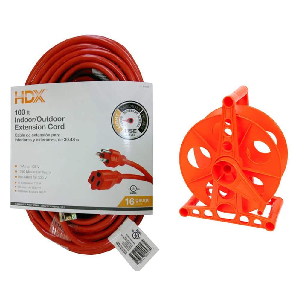 HDX CR163150 100 ft. 16/3 Indoor/Outdoor Extension Cord, Orange and 150 ft. 16/3 Extension Cord Storage Reel