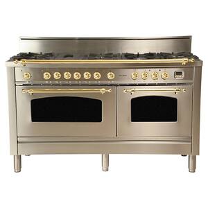 60 in. 6 cu. ft. Double Oven Dual Fuel Italian Range True Convection, 8 Burners, Griddle, Brass Trim in Stainless Steel