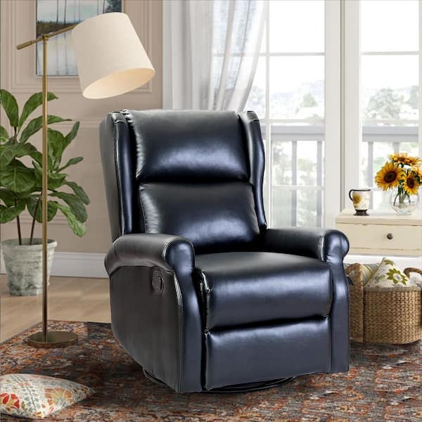 Jayden Creation Joseph Black Genuine Leather Swivel Rocking Manual Recliner with Straight Tufted Back Cushion and Curved Mood Arms