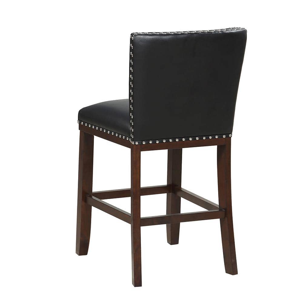 Tiffany Black Leather and Wood Counter Stools, Set of 2