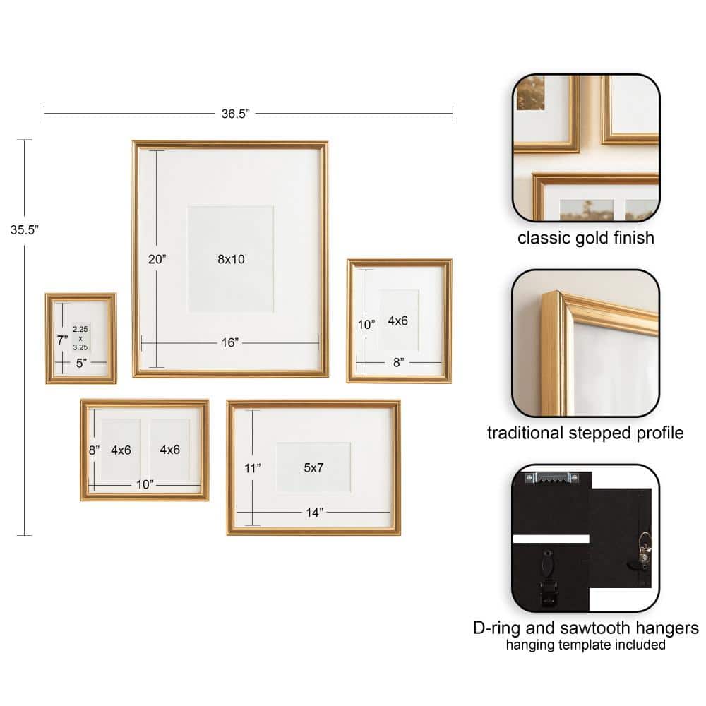 Adlynn Gold Classic Wall Picture Frame Set, 5 Pieces