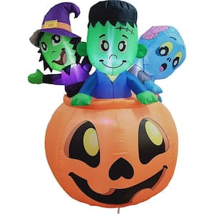 5 ft. Tall Black, Orange and Green Vinyl 3 Characters on Pumpkin Halloween Inflatable