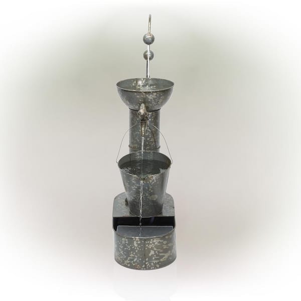 Alpine Corporation 34 in. Tall Outdoor 3-Tier Rustic Metal Water Pump Fountain