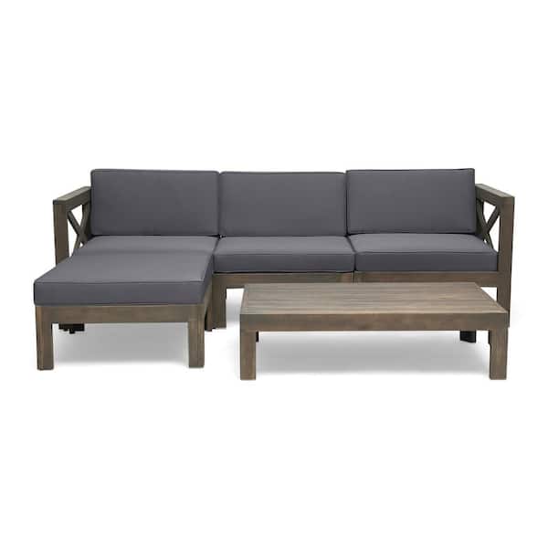 L Shape Sofa Set Dark Grey 4-Piece Acacia Wood Patio Conversation Deep Seating Set with Dark Grey Neutral Cushions