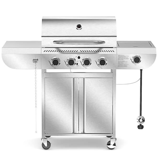 42,000 BTU 4-Burner Propane Gas Stainless Steel Grill with Side Stand and Wheels