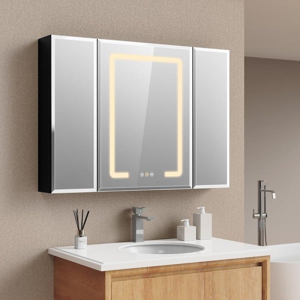 tunuo 36 in. W x 26 in. H Rectangular Aluminum Frameless Recessed or Surface-Mount Medicine Cabinet with Mirror and LED Light