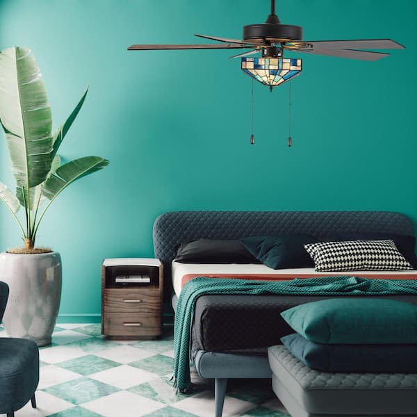 Thane 52 in. Oil Rubbed Bronze 3-Light Indoor Flush Mount Tiffany Stained Glass Ceiling Fan with Light Kit