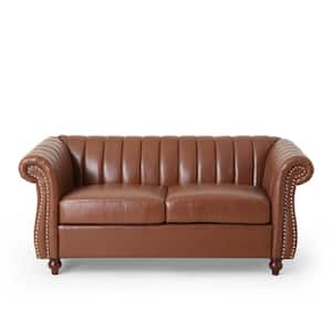 Glenmont 61.75 in. W Cognac Brown and Espresso Contemporary Channel Stitch 2-Seat Loveseat with Nailhead Trim