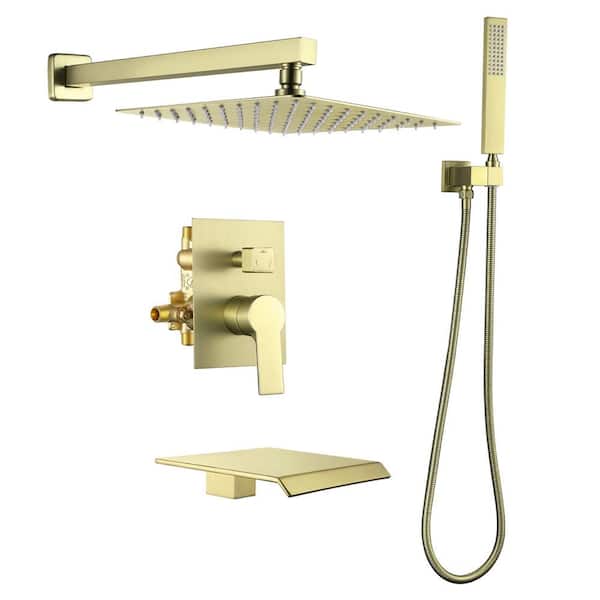 Satico Single-Handle 1-Spray Tub and Shower Faucet with Handheld Shower and 10 in. Shower Head in Brushed Gold (Valve Included)