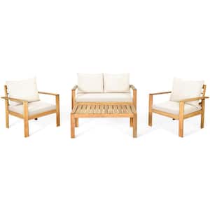 Brown 4-Pieces Wood Outdoor Sectional Set with White Cushions