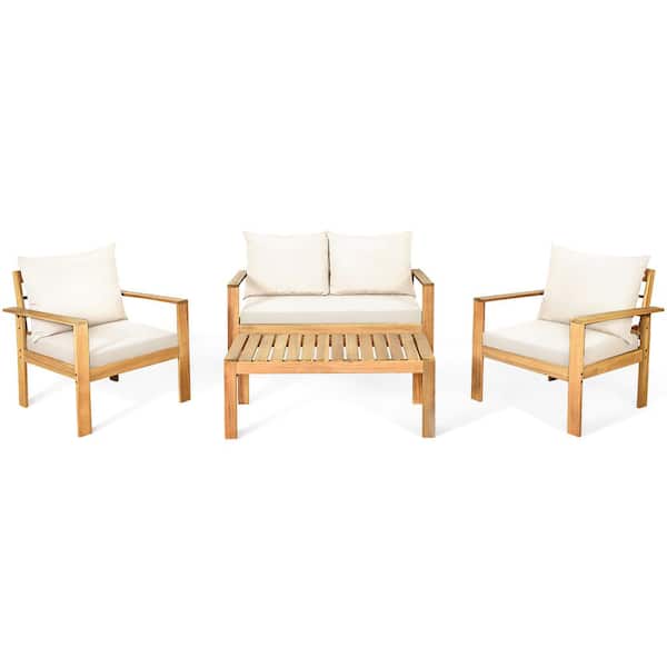 Costway Brown 4-Pieces Wood Outdoor Sectional Set with White Cushions