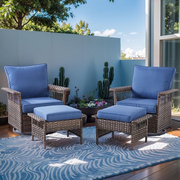 Seagull Collection 4-Piece Wicker Patio Conversation Seating Set and Ottoman with Blue Cushions