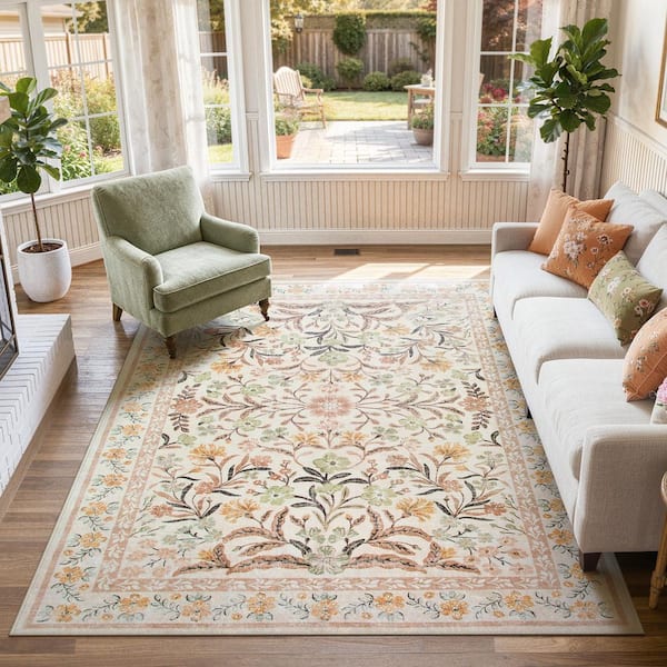 Oriental Floral Yellow Soft Non-Slip 8 ft. x 10 ft. Living Room/Bedroom Indoor Area Rug
