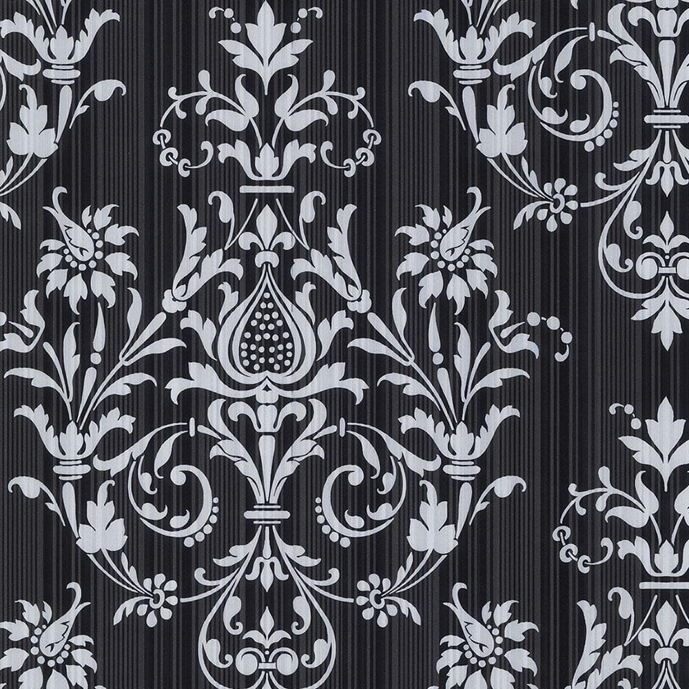 Black and White Damask Pre-pasted Washable Wallpaper