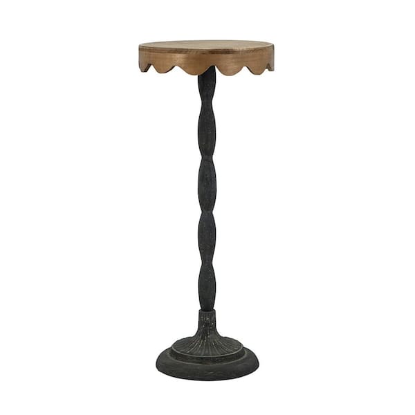 25 in. Black Iron Outdoor Side Table with Scalloped Brown Wooden