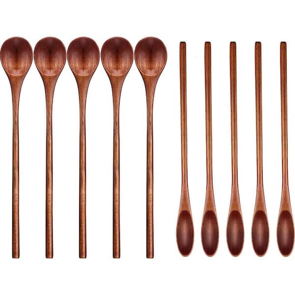 Natural Wood Finish Long Handle Coffee Mixing Spoons Smooth Handmade Stirring Kitchen Teaspoon 10 Piece