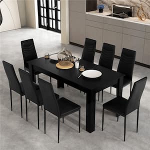 9-Piece Rectangular Black Top Wood Top Dining Room Set Seats-8