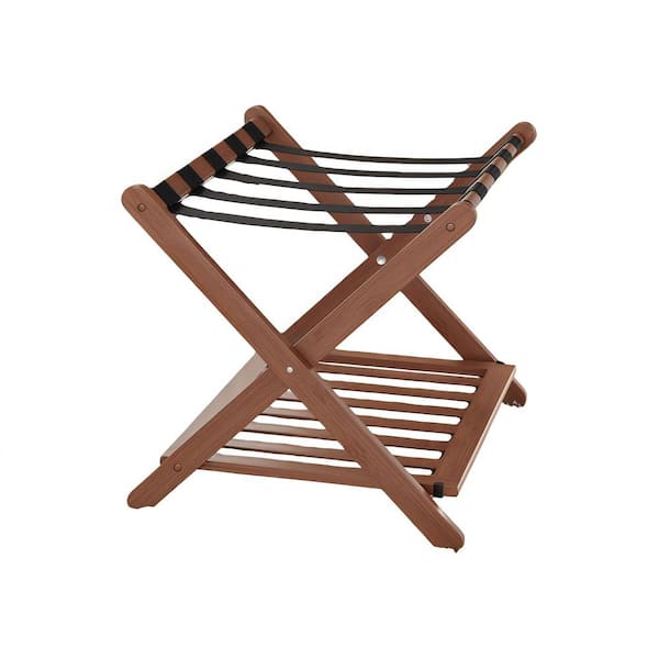 Brown Walnut Bamboo Fully Assembled Luggage Rack with 5 Nylon Straps, Luggage Holder with Shelf for Guest Room Hotel