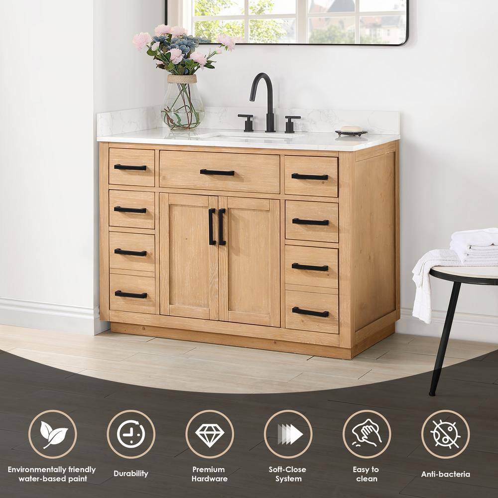 Gavino 48" Light Brown Wood Vanity with Mirror and Stone Top