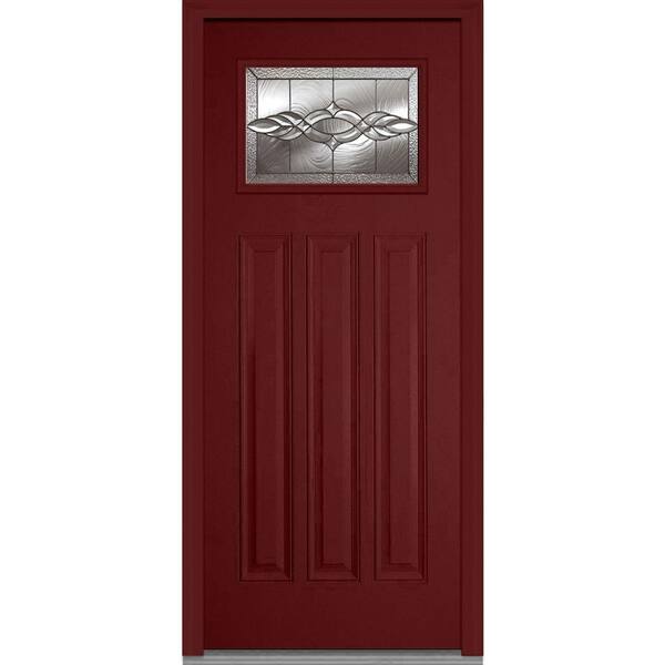 MMI Door 36 in. x 80 in. Brentwood Left-Hand Decorative 1/4 Lite 3-Panel Classic Painted Fiberglass Smooth Prehung Front Door