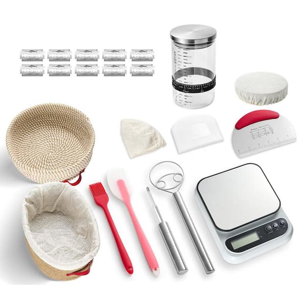 Sourdough Baking Kit w/ 10-in-1 Tools, 10" Oval & 9" Round Proofing Baskets, Scale, Jar, Lame, Scrapers, Brush, Liners