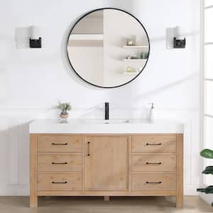 León 60 in. W x 22 in. D x 34 in. H Single Sink Bath Vanity in Fir Wood Brown with White Composite Stone Top and Mirror