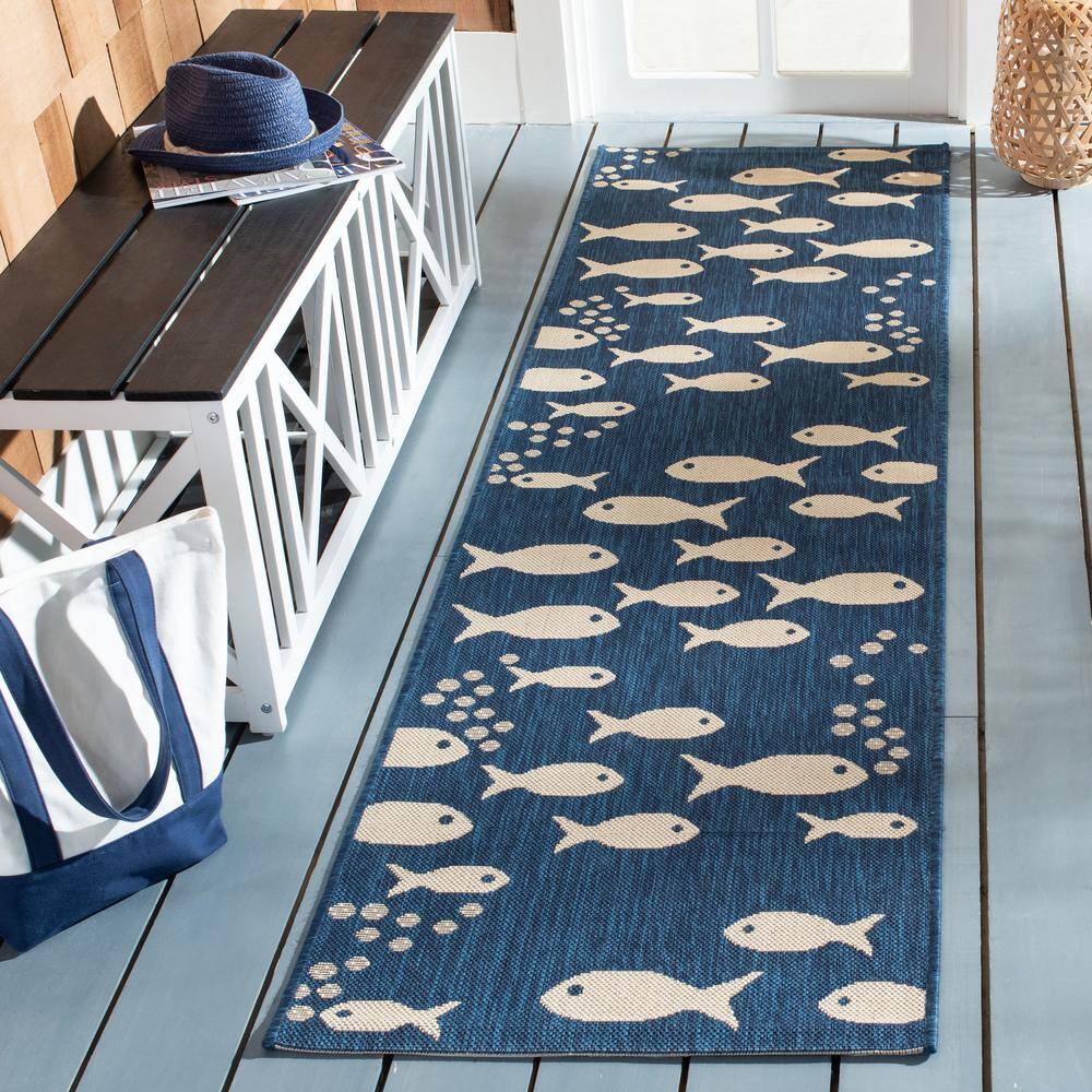Navy and Beige Synthetic Fish Pattern Runner Rug