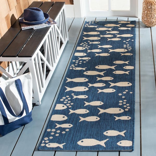 Courtyard Navy/Beige 2 ft. x 7 ft. Novelty Fish Indoor/Outdoor Patio  Runner Rug