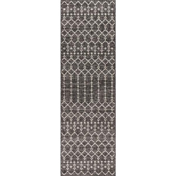Ourika Moroccan Geometric Textured Weave Indoor/Outdoor Black/Gray 2 ft. x 8 ft. Runner Rug