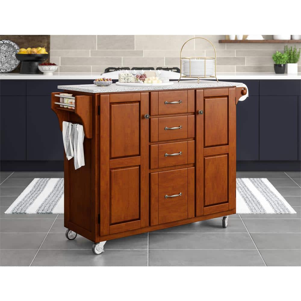 Medium Cherry and Salt Pepper Granite 48" Kitchen Cart with Spice Rack