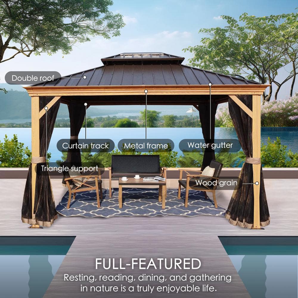 Apollo 12' x 20' Brown Aluminum Hardtop Gazebo with Mosquito Net