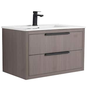 Kingsford 30 in. Single Wall Mounted Gray Oak Bath Vanity with Drawers with White Ceramic Sink Top