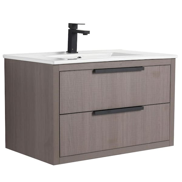 Kingsford 30 in. Single Wall Mounted Gray Oak Bath Vanity with Drawers with White Ceramic Sink Top