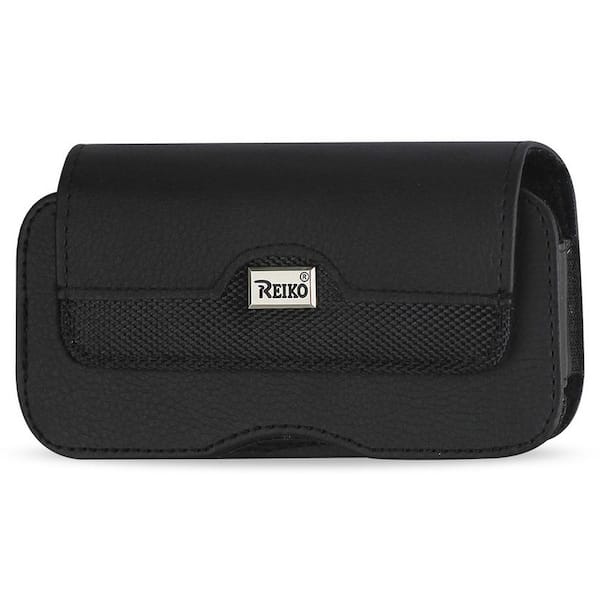 REIKO Horizontal Leather Pouch With Metal Logo In Black 4.4 in