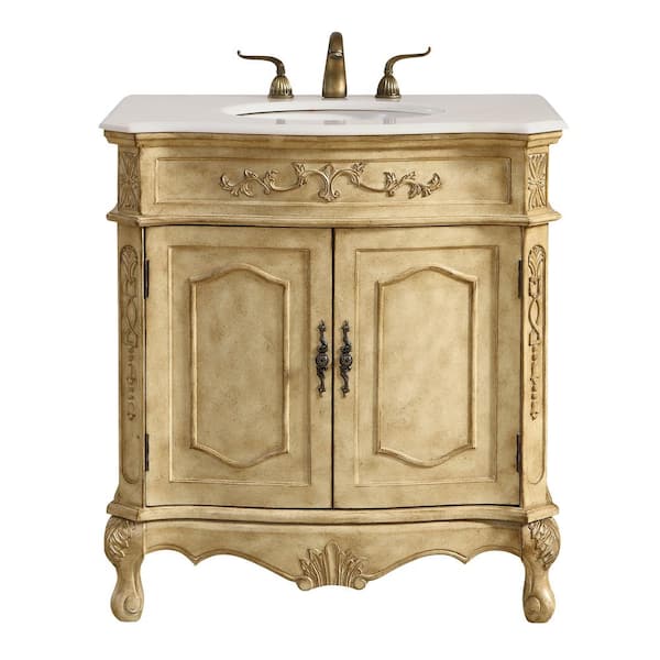 Unbranded Simply Living 32 in. W x 21 in. D x 36 in. H Bath Vanity in Antique Beige with White And Brown Vein Marble Top