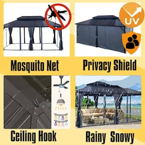 12 ft. x 18 ft. Hardtop Gazebo, Double Roof Canopy, Aluminum Frame Permanent Pavilion with Curtains and Netting, Black