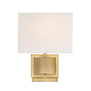 Meridian 8 in. W x 10.5 in. H 1-Light Natural Brass Wall Sconce with White Fabric Shade
