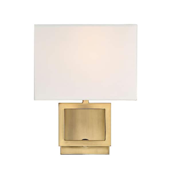 Savoy House Meridian 8 in. W x 10.5 in. H 1-Light Natural Brass Wall Sconce with White Fabric Shade