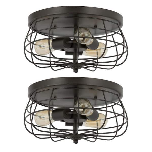 Merra 15 in. 3-Light Bronze Metal Industrial Cage Flush Mount (Set of 2)