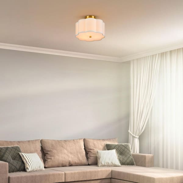 12.6 in. 3-Light White LED Semi-Flush Mount Ceiling Light Fixture with Flower-Shaped Fabric Shade E26 Bases