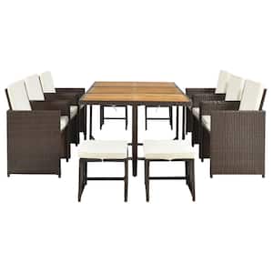 11-Piece Black PE Wicker Outdoor Dining Table Set Wood Tabletop Table Chair with Beige Cushion