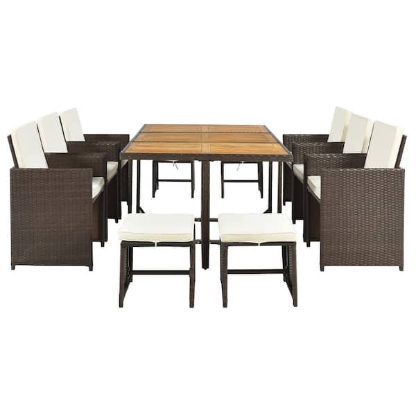 Zeus & Ruta 11-Piece Black PE Wicker Outdoor Dining Table Set Wood Tabletop Table Chair with Beige Cushion