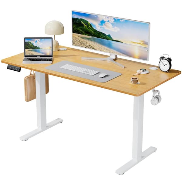 FIRNEWST 55 in. Rectangular Oak Electric Standing Computer Desk with Whole-Piece Desktop Board Height Adjustable