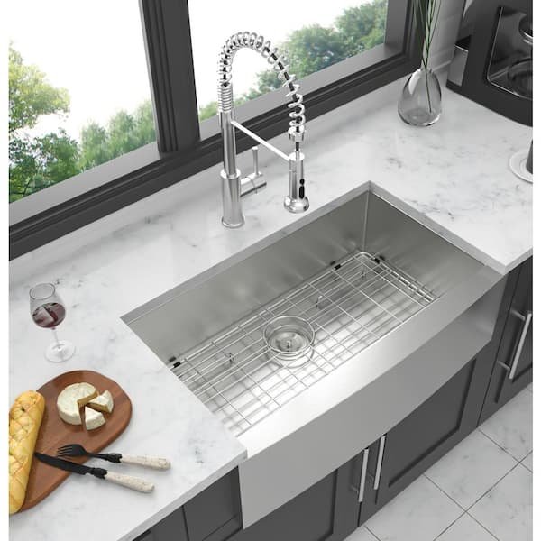 Staykiwi 36 in. Farmhouse/Apron-Front Single Bowl 18 Gauge Brushed Nickel Stainless Steel Kitchen Sink with Bottom Grids
