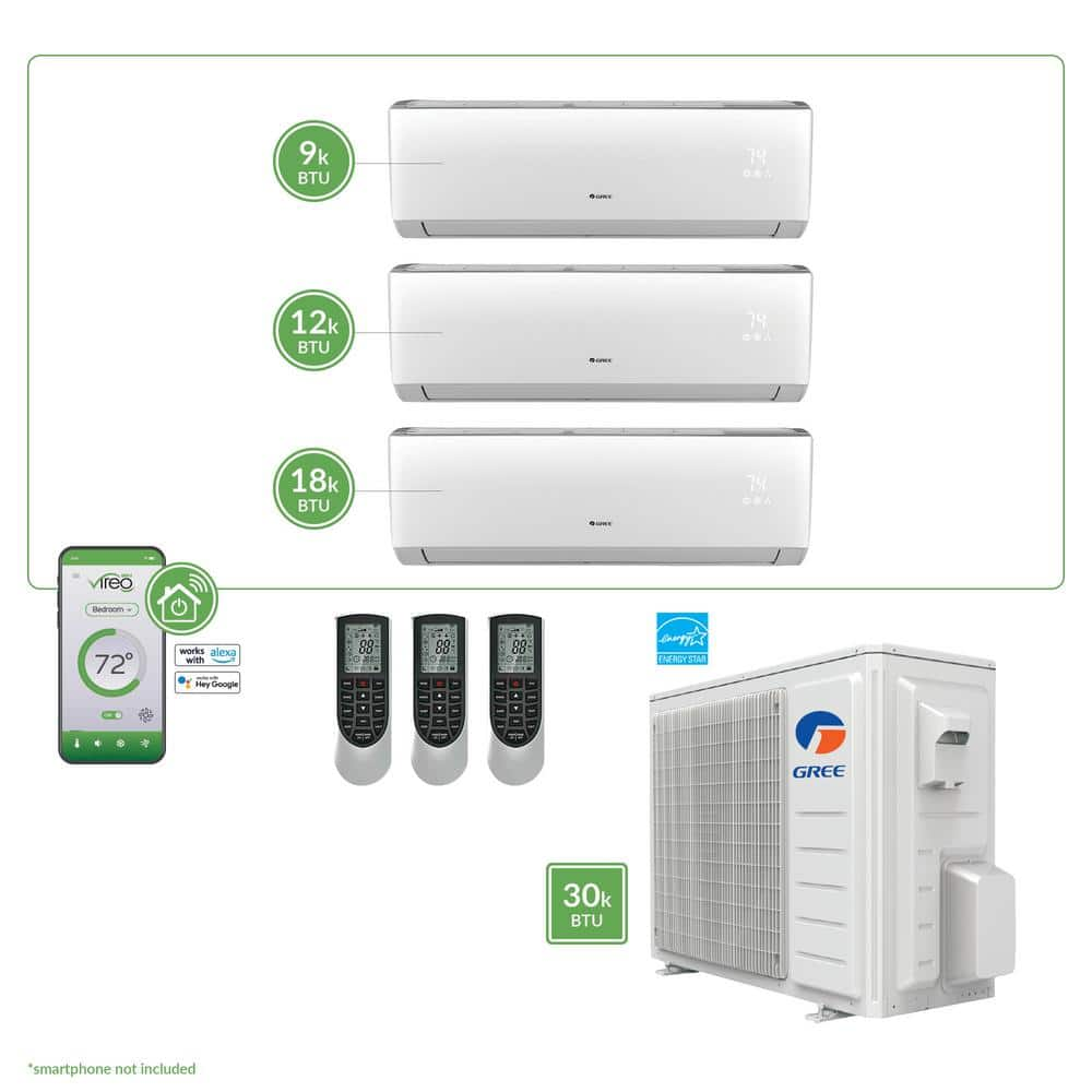 GREE Gen3 Smart Home Quad-Zone 28,400 BTU 2.5 Ton Ductless Mini Split ...